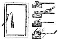 рис. 4, "Вставка стекол на одинарной замазке", а - закрепление стекла проволочными шпильками с помощью стамески; б - последовательность операции