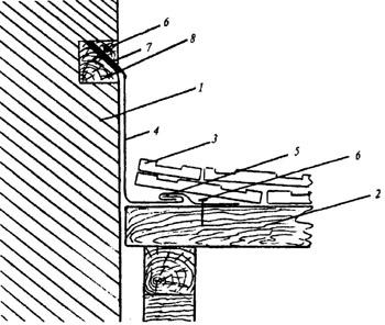рис. 9, "Примыкание черепичной кровли к вертикальной стене", 1 - вертикальная стена; 2 - обрешетка; 3 - черепица; 4 - фартук из оцинкованной стали; 5 - кляммер; 6 - гвоздь; 7 - закладная рейка; 8 - цементный раствор