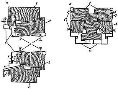 рис. 2, "Деревоалюминиевый оконный блок с полной наружной облицовкой линейными элементами из алюминия", а - вертикальный разрез; б - горизонтальный разрез; 1 - остекление; 2 - деревянный переплет; 3 - деревянная оконная коробка; 4 - алюминиевая облицовка